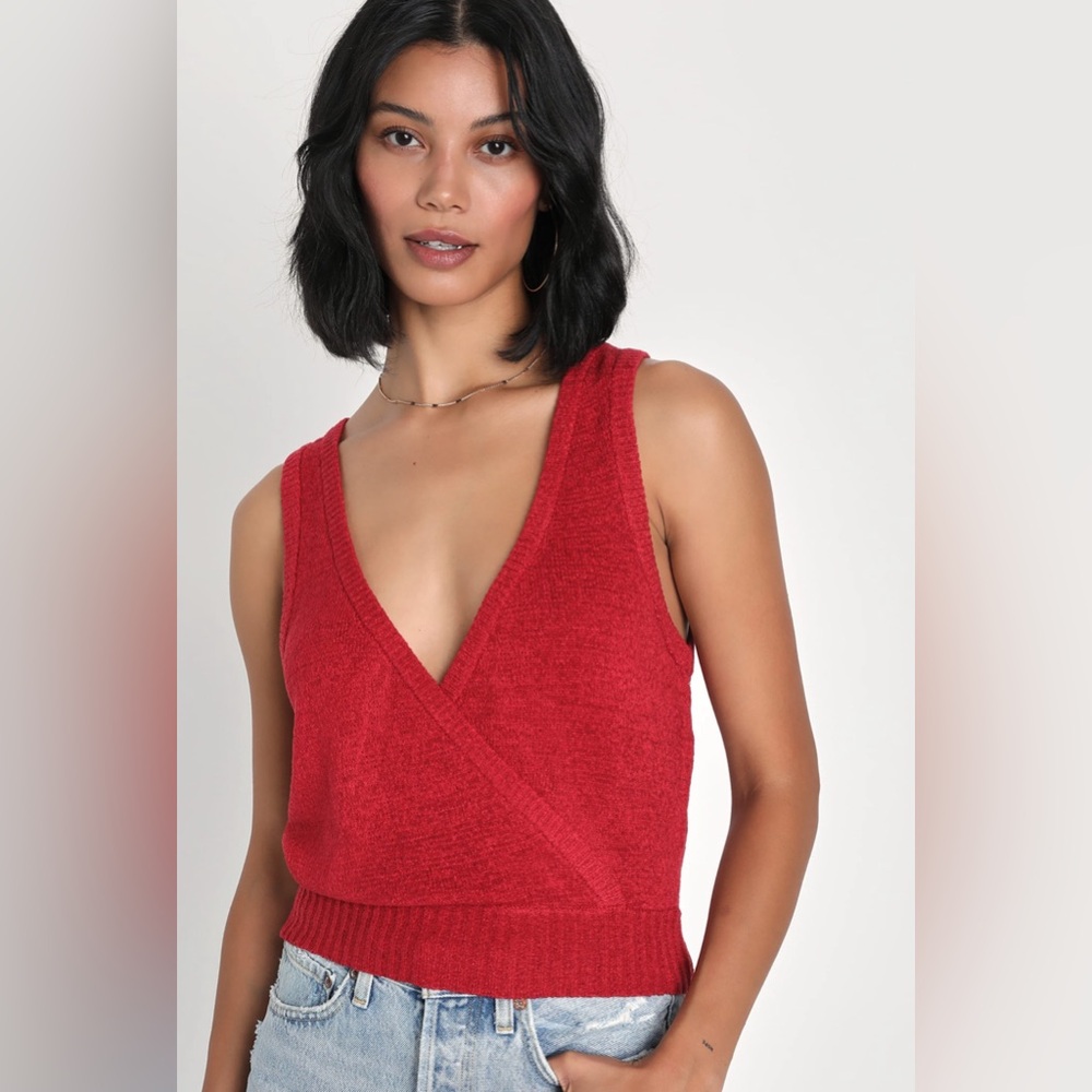 Lulu’s Berry Red Tie-Back Knit Tank Top - Surplice Wrap Style Medium